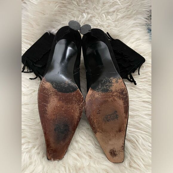 Stuart Weitzman Y2K ankle booties black suede fringe kitten heel size 10 - Picture 5 of 8